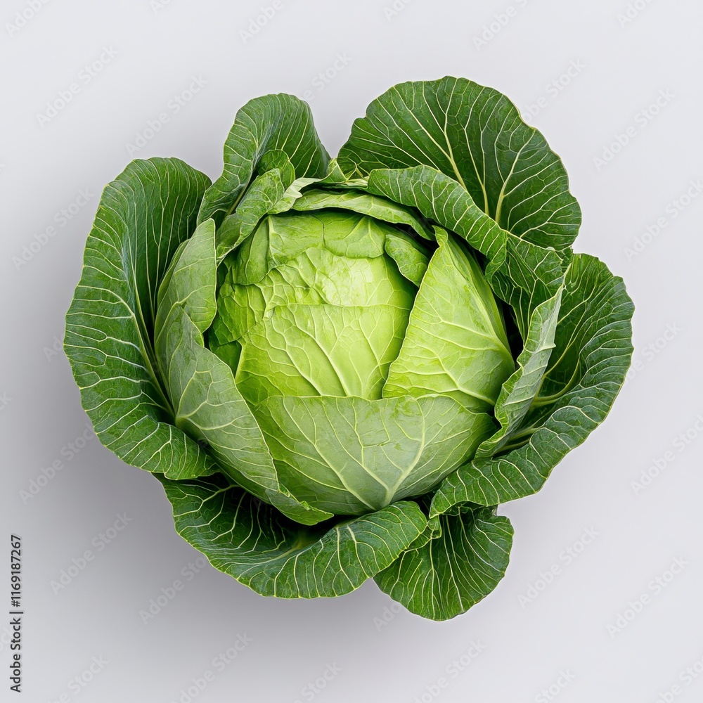 Obraz premium Fresh Green Cabbage on Light Gray Background Perfect for Cooking