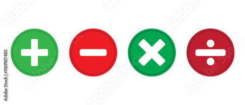 Vector icons with mathematical signs. Plus minus multiply and divide sign isolate in circle on white background. Set of mathematical symbols. Vector illustration 
