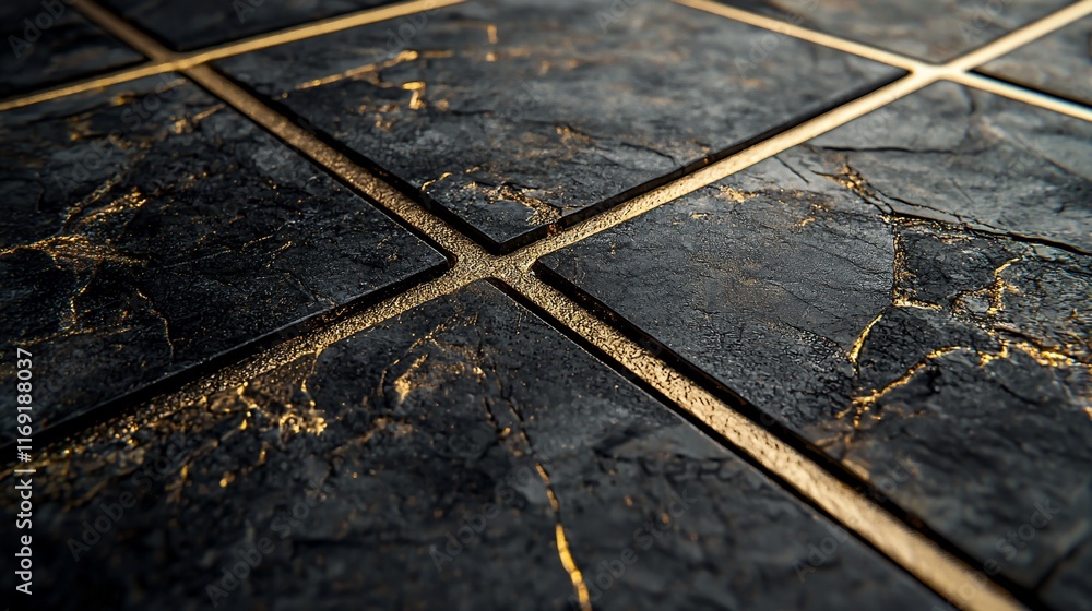 Black and gold square tiles with textured surface. Black and gold square tiles with textured surface.
