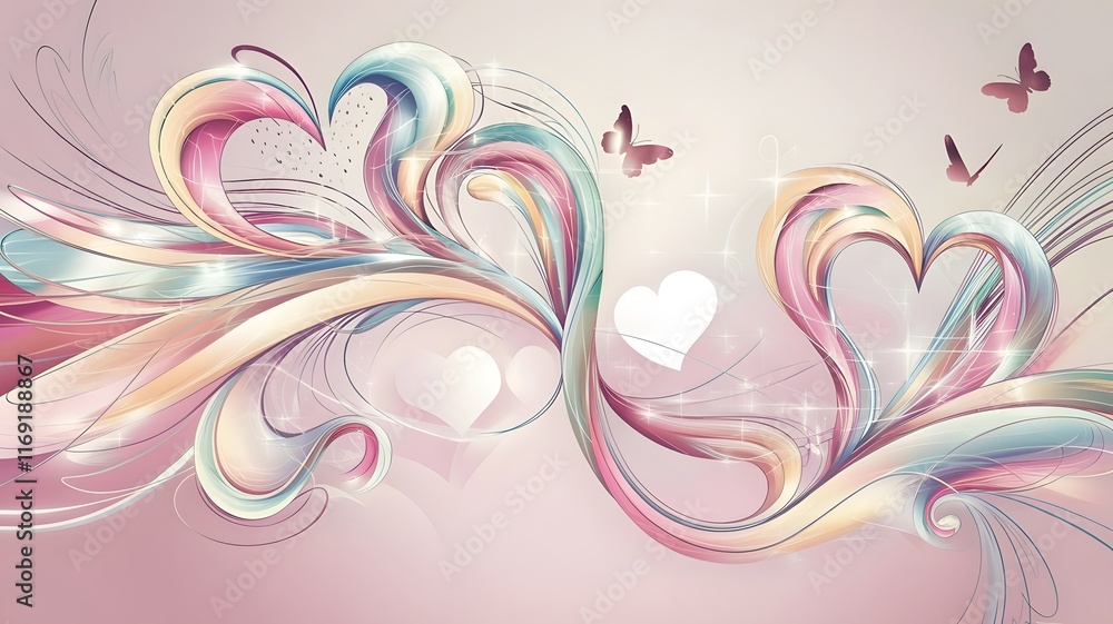 Abstract swirls of pastel gradients transitioning into heart shapes and butterflies, with soft glowing edges on a cream or soft pink backdrop, representing love and transformation. Abstract swirls of pastel gradients transitioning into heart shapes and butterflies, with soft glowing edges on a cream or soft pink backdrop, representing love and transformation.