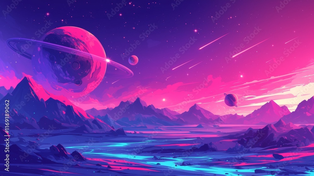 Alien Planet Showing Ringed Planet and Shooting Stars over a Vibrant Mountain Range.. Alien Planet Showing Ringed Planet and Shooting Stars over a Vibrant Mountain Range..