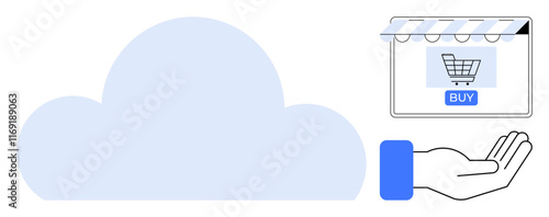 Light blue cloud next to a hand offering an e-commerce storefront with a shopping cart icon and Buy button. Ideal for cloud storage, e-commerce, online business, digital marketplace, cloud