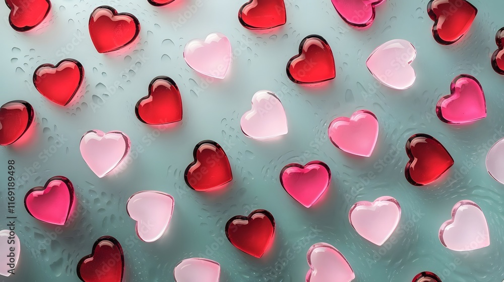 A unique pattern of glossy heart-shaped liquid droplets in vibrant red and pink, scattered across a translucent frosted background, giving a modern and fresh Valentine's Day vibe. A unique pattern of glossy heart-shaped liquid droplets in vibrant red and pink, scattered across a translucent frosted background, giving a modern and fresh Valentine's Day vibe.