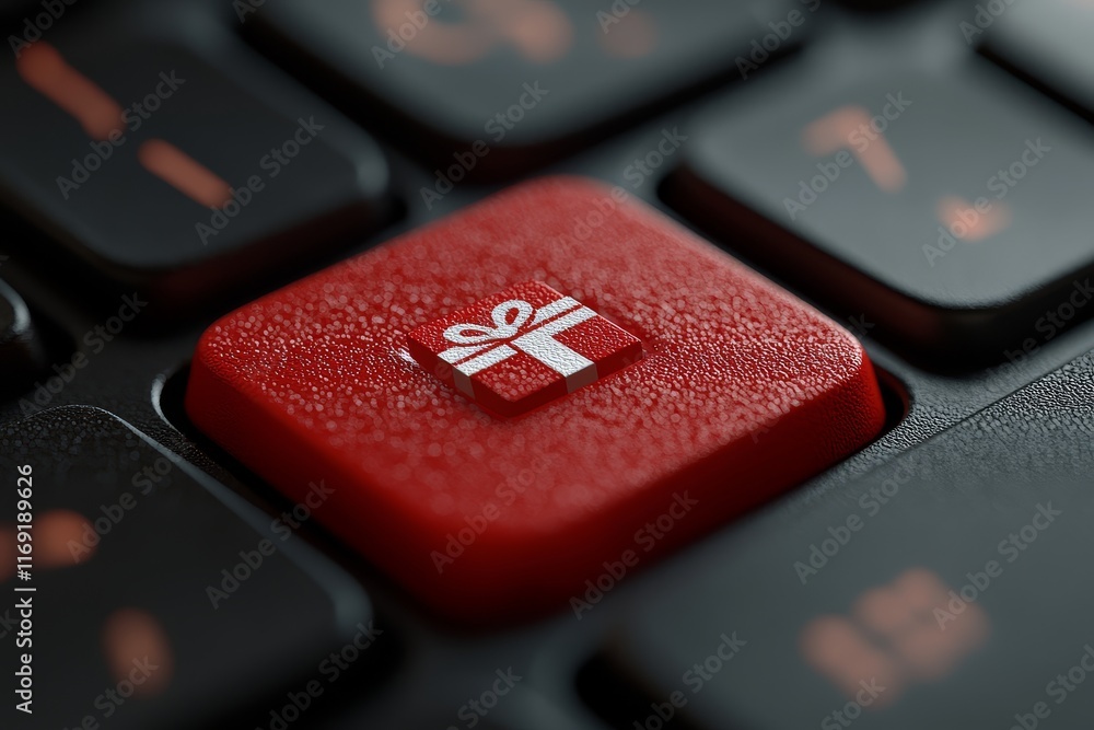 Close-up of a red keyboard button with a white gift icon, symbolizing online shopping, with a sharp focus on a white background. Close-up of a red keyboard button with a white gift icon, symbolizing online shopping, with a sharp focus on a white background.