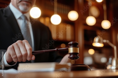 Wallpaper Mural A middle-aged judge is seen raising his gavel in a courtroom setting, reflecting authority, decision-making, and the solemnity of the legal system and justice. Torontodigital.ca