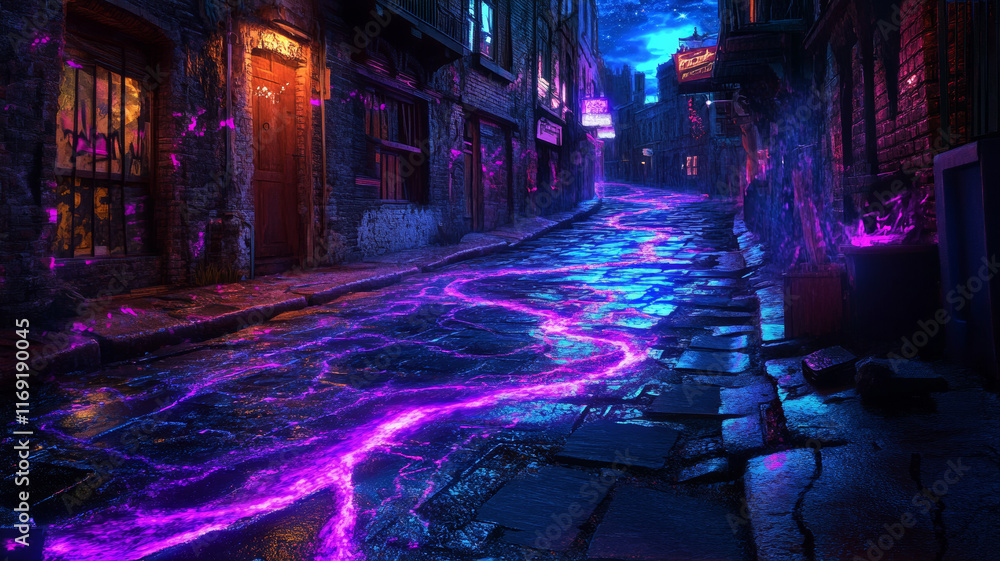 Naklejka premium A glowing river of light illuminating a deserted street, merging creativity and reality in photography.