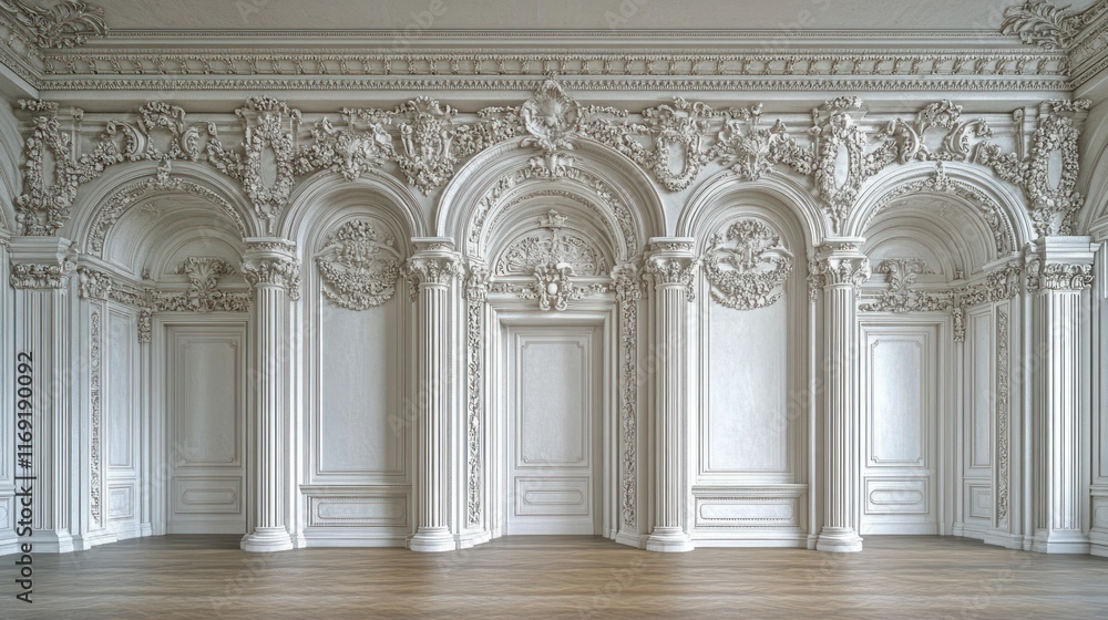 Fototapeta premium Ornate white interior with arches and detailed moldings.