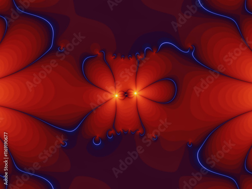 Abstract strange dark image, psychedelic lights and sparkling lines on a vibrant red fractal pattern, the design creates a sense of movement and depth