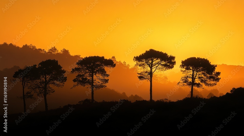 Obraz premium An artistic capture of moss-covered trees silhouetted against a golden sunset in Peneda-Ger National Park, Portugal, with vibrant autumn hues.