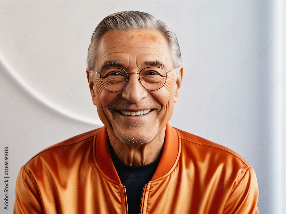 Obraz premium Portrait of a smiling senior man in orange jacket and glasses on white background