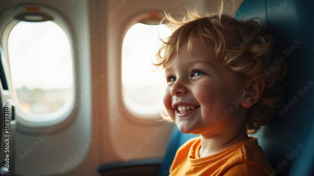 Excitement Fills the Air as a Young Child Beams With Joy While Gazing out the Airplane Window During a Flight on a Sunny Afternoon Excitement Fills the Air as a Young Child Beams With Joy While Gazing out the Airplane Window During a Flight on a Sunny Afternoon