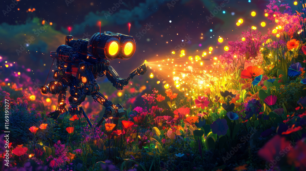 Fototapeta premium A robot walking through a magical garden, causing plants to bloom in response to its radiant light.