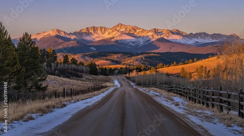 An early morning drive up Mount Evans, Colorado, with the road illuminated by soft golden sunlight and the peaks casting long shadows.