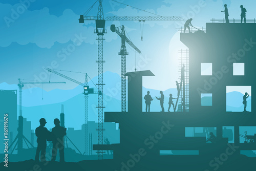 Construction vector background, Worker in a building site, Labour day background.	