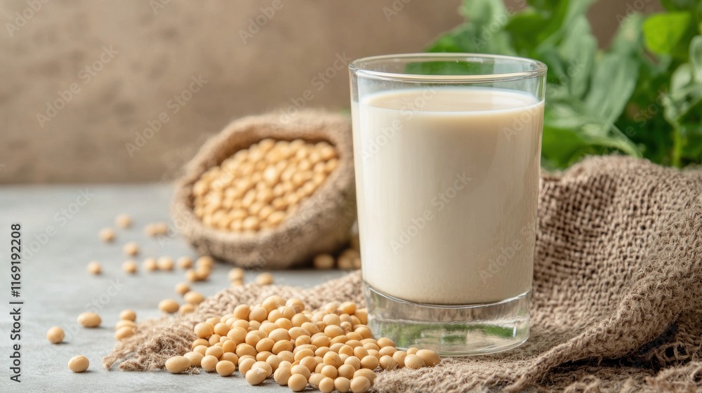 A glass of creamy soy milk sits beside a burlap sack of soybeans, surrounded by a natural setting, showcasing a healthy dairy alternative. A glass of creamy soy milk sits beside a burlap sack of soybeans, surrounded by a natural setting, showcasing a healthy dairy alternative.