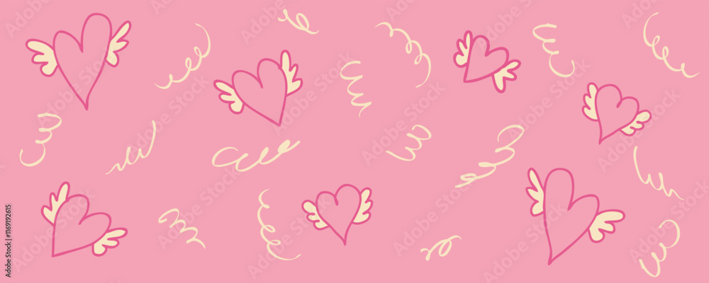 Valentine's Day horizontal banner template with flying hearts and serpentine. Festive celebration design for card, invitation, label, sale. Hand drawn vector illustration. Valentine's Day horizontal banner template with flying hearts and serpentine. Festive celebration design for card, invitation, label, sale. Hand drawn vector illustration.