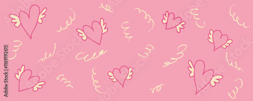 Valentine's Day horizontal banner template with flying hearts and serpentine. Festive celebration design for card, invitation, label, sale. Hand drawn vector illustration.