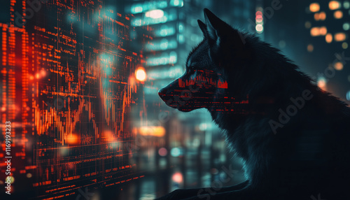 silhouette of wolf an financial data and charts