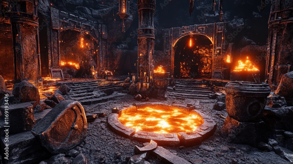 Fiery Lava Flows Within Ancient Ruined Temple Fiery Lava Flows Within Ancient Ruined Temple