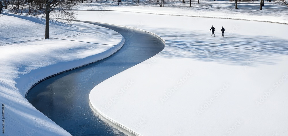 A serene winter landscape featuring a winding river, blanketed in snow, with two figures walking along its edge under a clear blue sky. A serene winter landscape featuring a winding river, blanketed in snow, with two figures walking along its edge under a clear blue sky.