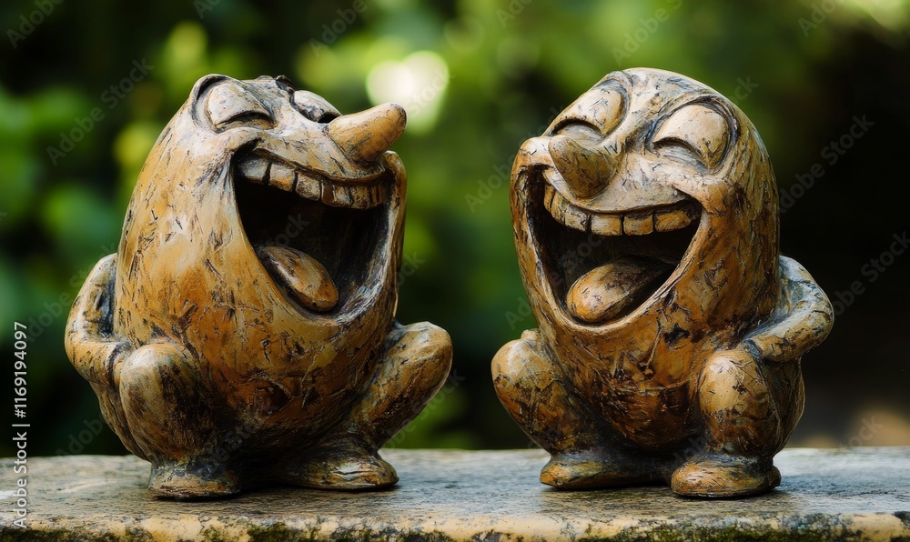 Two laughing, stone figurines outdoors. Two laughing, stone figurines outdoors.
