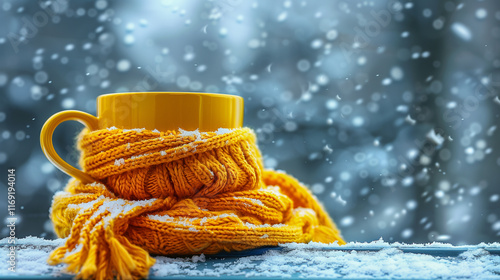 Cozy Yellow Mug Wrapped in Scarf Amid Snowfall.. photo