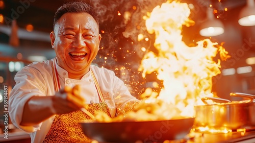 Chef's Passion: A joyful Asian chef laughs heartily while expertly wielding a wok engulfed in flames, a vibrant depiction of culinary artistry and excitement.  photo