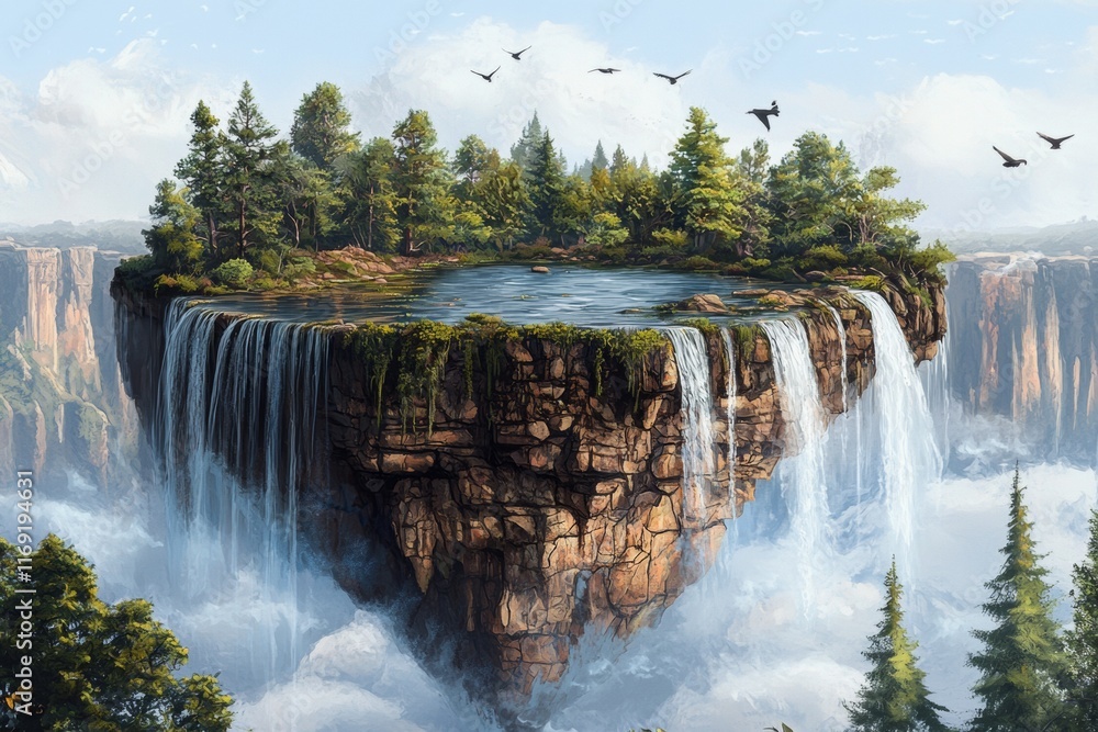 Fototapeta premium Enchanted Floating Island Waterfall Paradise