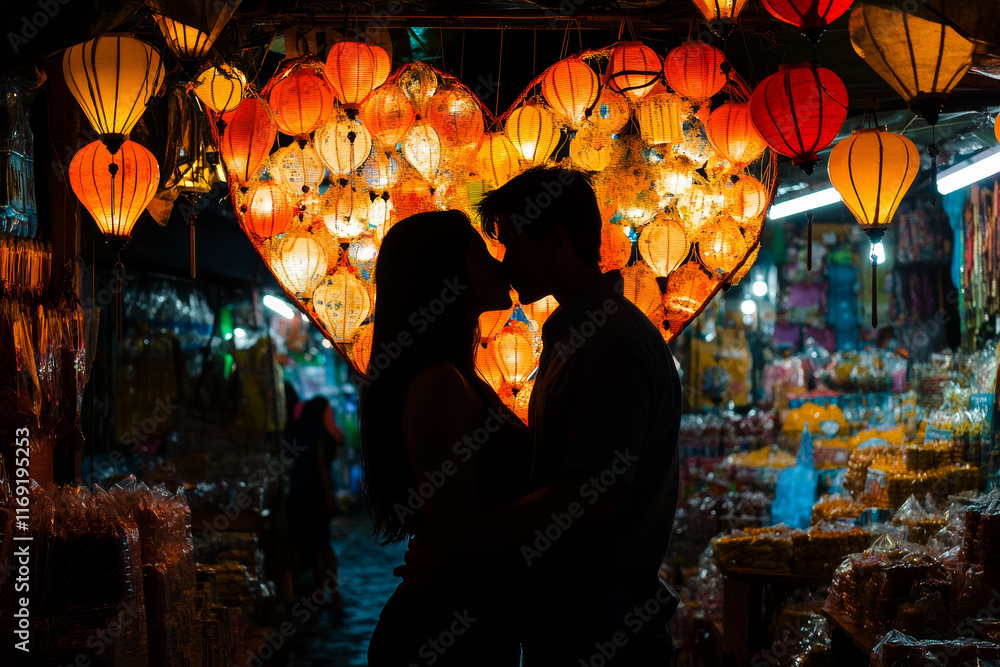 Naklejka premium Couple kissing against a heart of lanterns in a vibrant night market.