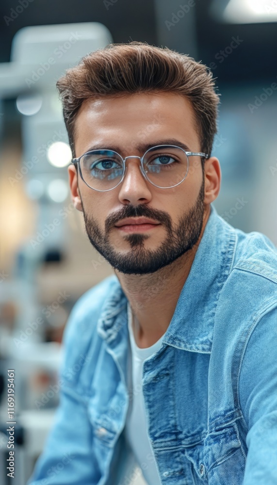 Confident Young Man Sporting Stylish Glasses, Portrait Exuding Modern Style and Vision Care Confident Young Man Sporting Stylish Glasses, Portrait Exuding Modern Style and Vision Care