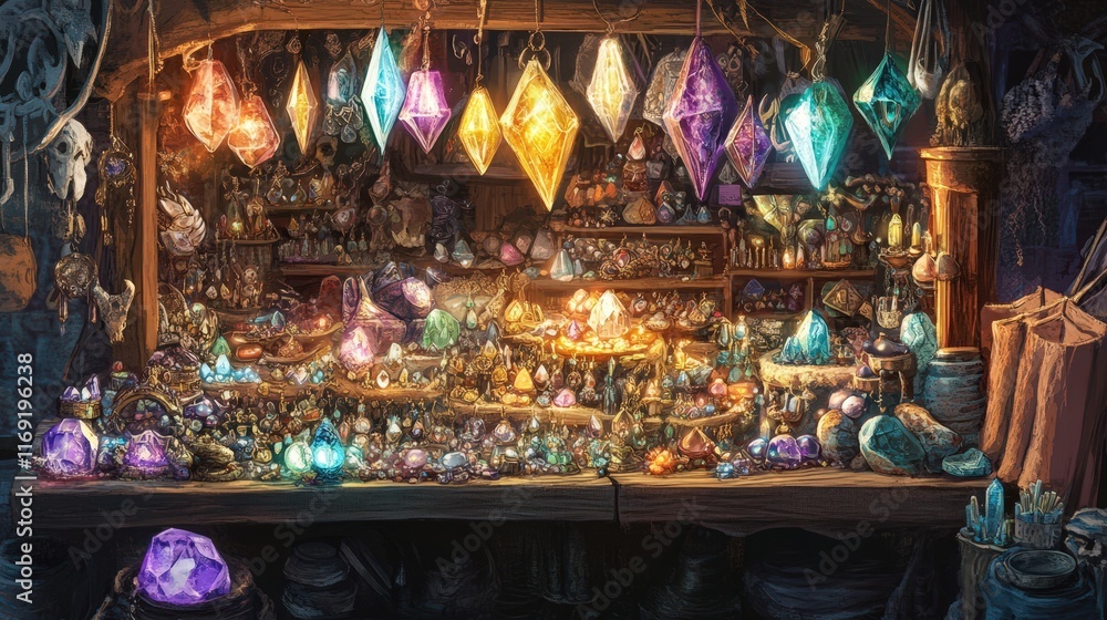 A Mystical Gemstone And Potion Shop Display A Mystical Gemstone And Potion Shop Display