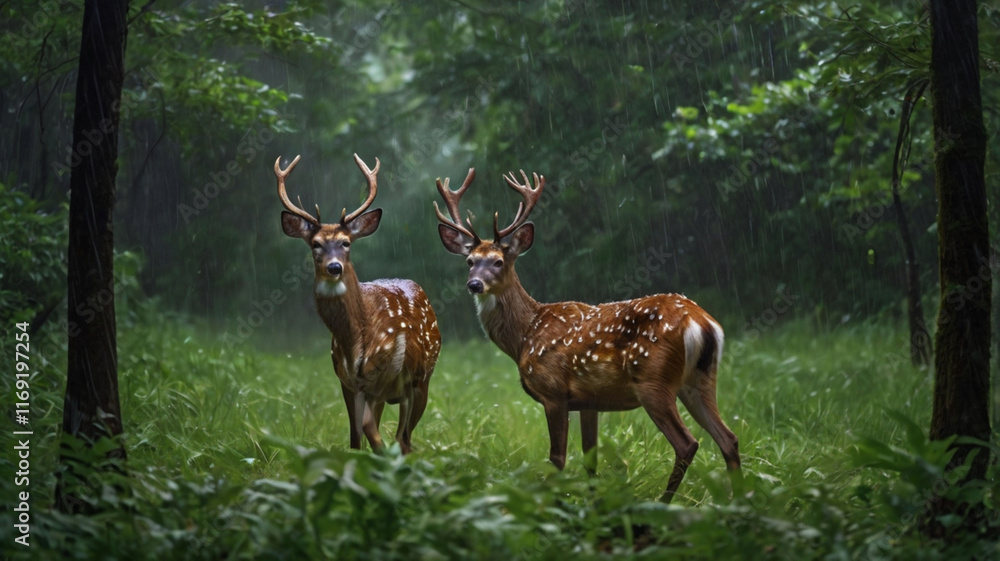 zoo animals A pair of axis deer moving through a forest during a light rain, their spotted coats glistening with droplets. ai zoo animals A pair of axis deer moving through a forest during a light rain, their spotted coats glistening with droplets. ai