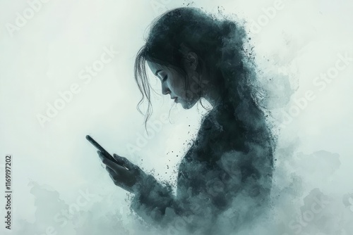 woman immersed in a digital world intently gazing at her cell phone against a soft white backdrop her silhouette contrasting with vivid splashes of black watercolor shapes that flow like ink photo