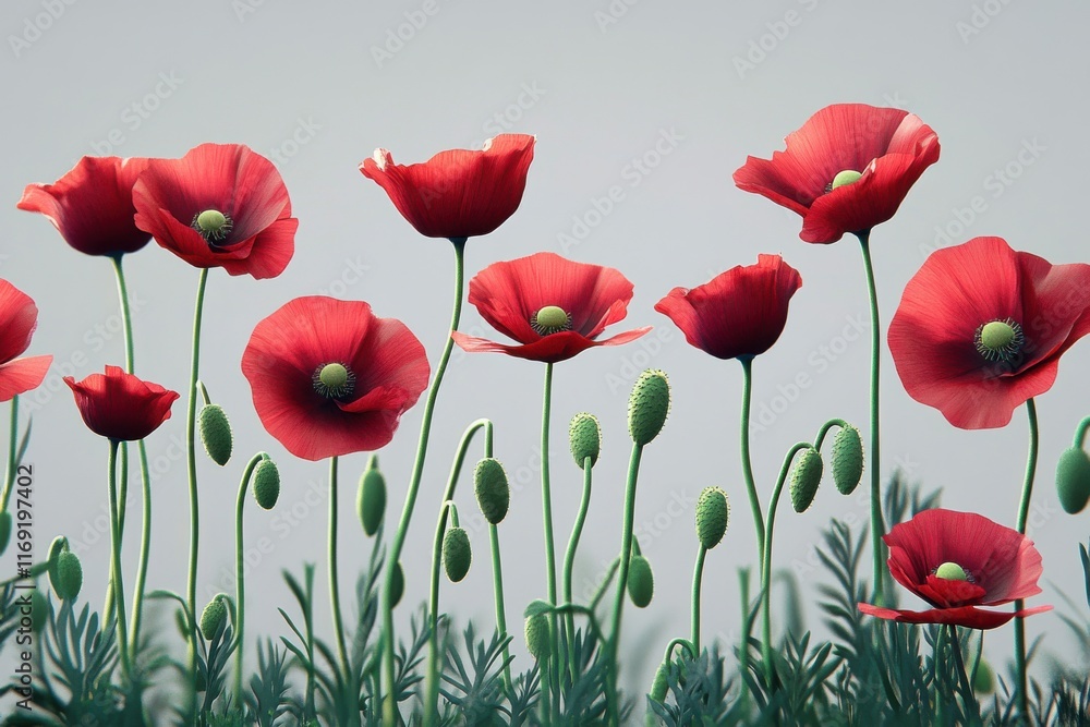 Fototapeta premium In-depth exploration of red poppy flowers and their young sprouts against a plain backdrop