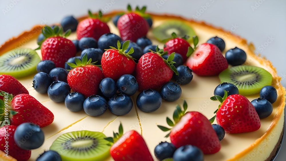 A perfectly baked New York-style cheesecake garnished with fresh berries A perfectly baked New York-style cheesecake garnished with fresh berries