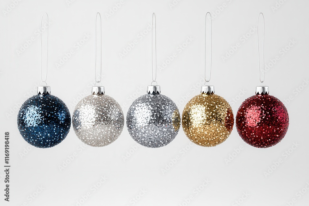 A collection of five shimmering holiday decorations in silver, blue, gold and red colors, suspended on a string on a light background A collection of five shimmering holiday decorations in silver, blue, gold and red colors, suspended on a string on a light background