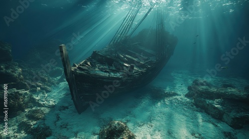 Mysterious shipwreck rests silently on the ocean floor surrounded by shimmering beams of sunlight photo