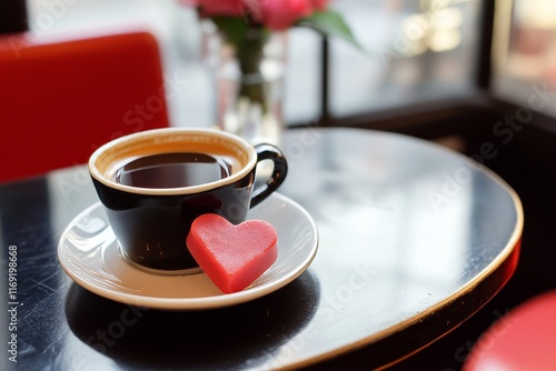 Romantic Coffee Break: A heart-shaped candy rests beside a steaming cup of coffee on a dark table in a Parisian cafe, creating a cozy and romantic ambiance. photo