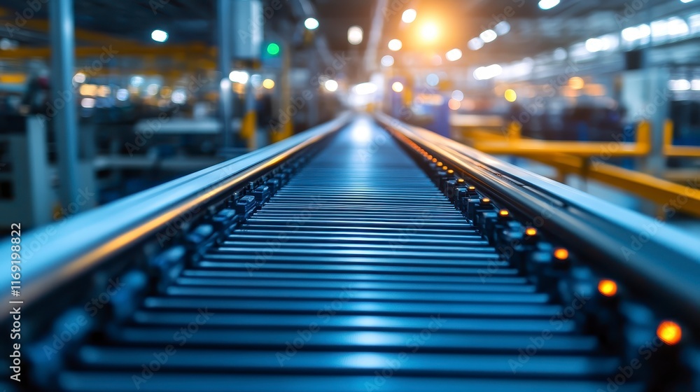 Automated Roller Conveyor System in Modern Factory Industrial Manufacturing Process