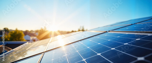 Solar panels reflecting morning light on suburban rooftop, clean energy