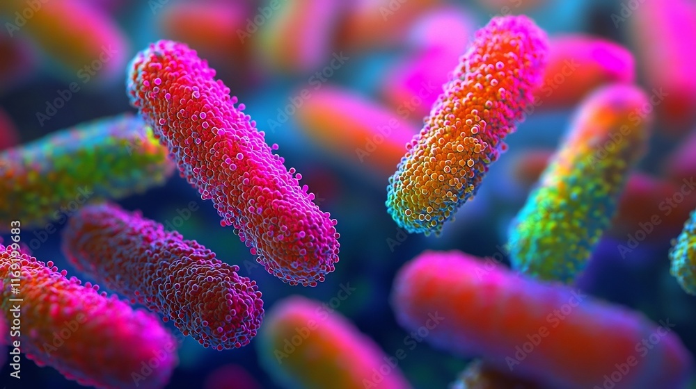 Naklejka premium Vibrant Microscopic View of Intricate E. coli Bacteria Cells in Vivid Scientific