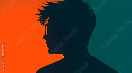 Silhouette of a person with glasses Against a split Orange and Teal background, woman men, unisex