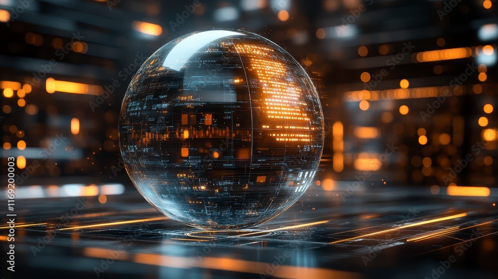 Futuristic Holographic Sphere with Digital Data and Glowing Lines Abstract Technology Background Futuristic Holographic Sphere with Digital Data and Glowing Lines Abstract Technology Background