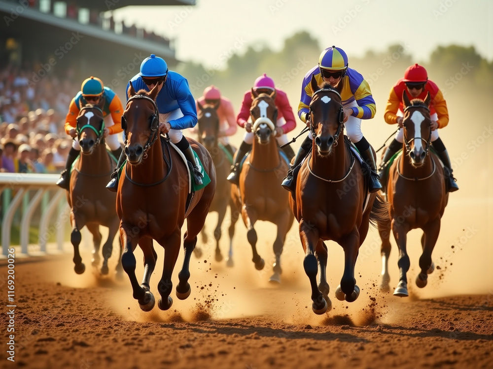 Riders compete on horses in races to determine who will win. Riders compete on horses in races to determine who will win.