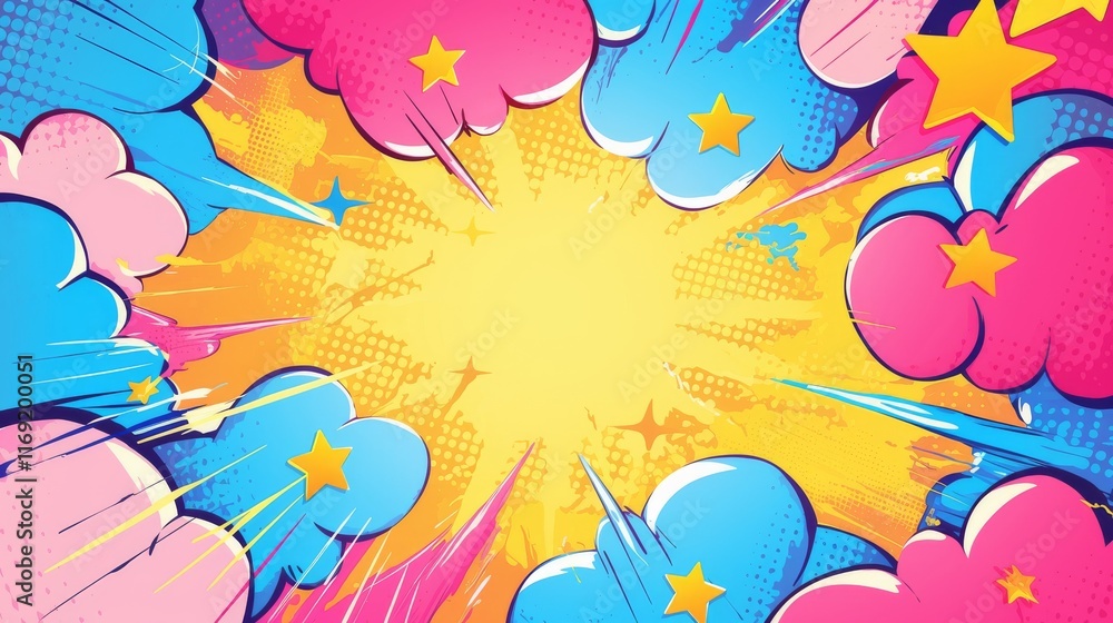 Colorful Comic Book Speech Bubbles Exploding on a Yellow Background.. Colorful Comic Book Speech Bubbles Exploding on a Yellow Background..