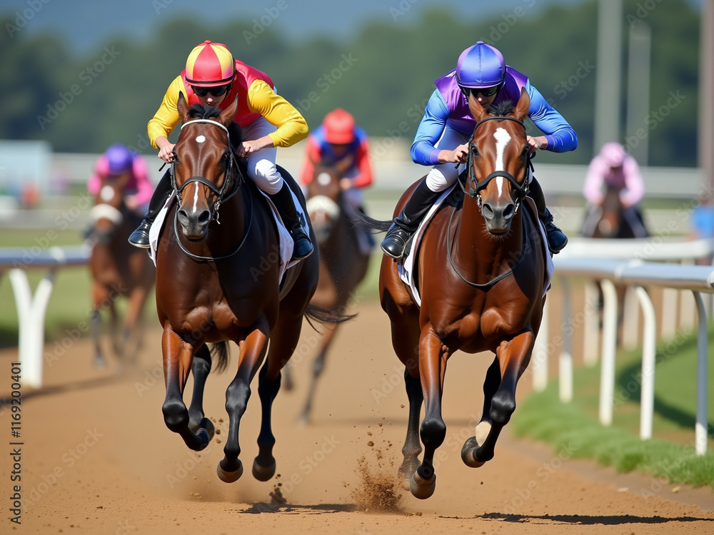 Riders compete on horses in races to determine who will win. Riders compete on horses in races to determine who will win.
