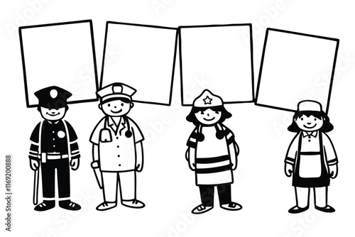 Line Art of Community Workers - Police, Doctor, Firefighter, and Chef with Blank Placards. 