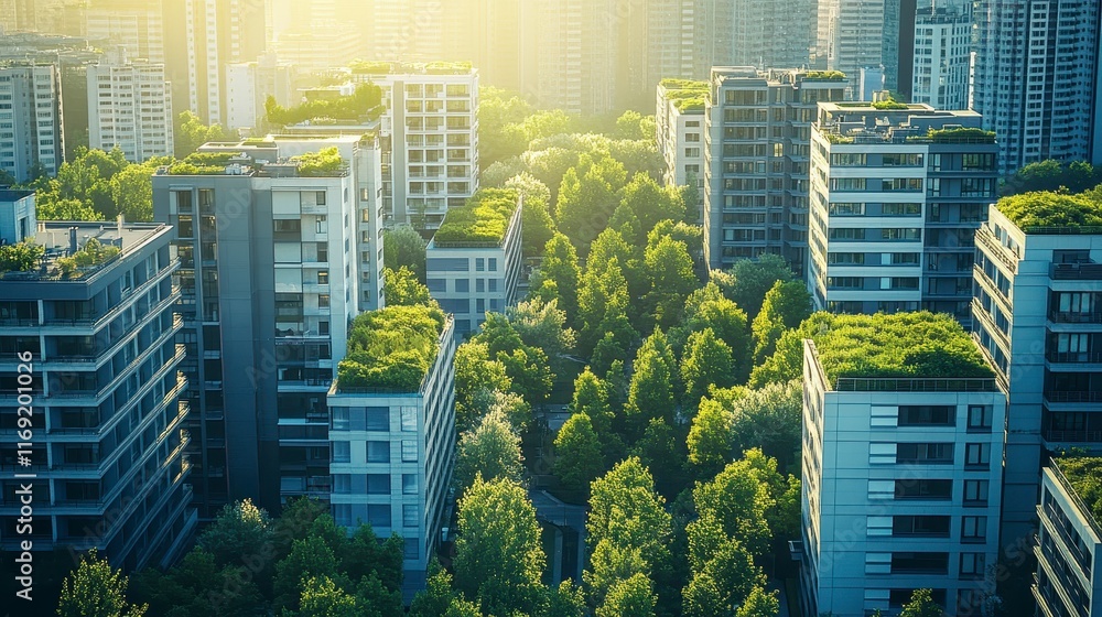 Obraz premium Eco Friendly Urban Landscape Green Roofs and Lush Greenery in Modern City
