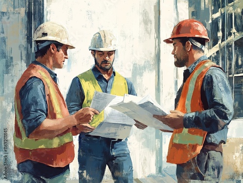 Construction Workers Discussing Plans with Documents photo