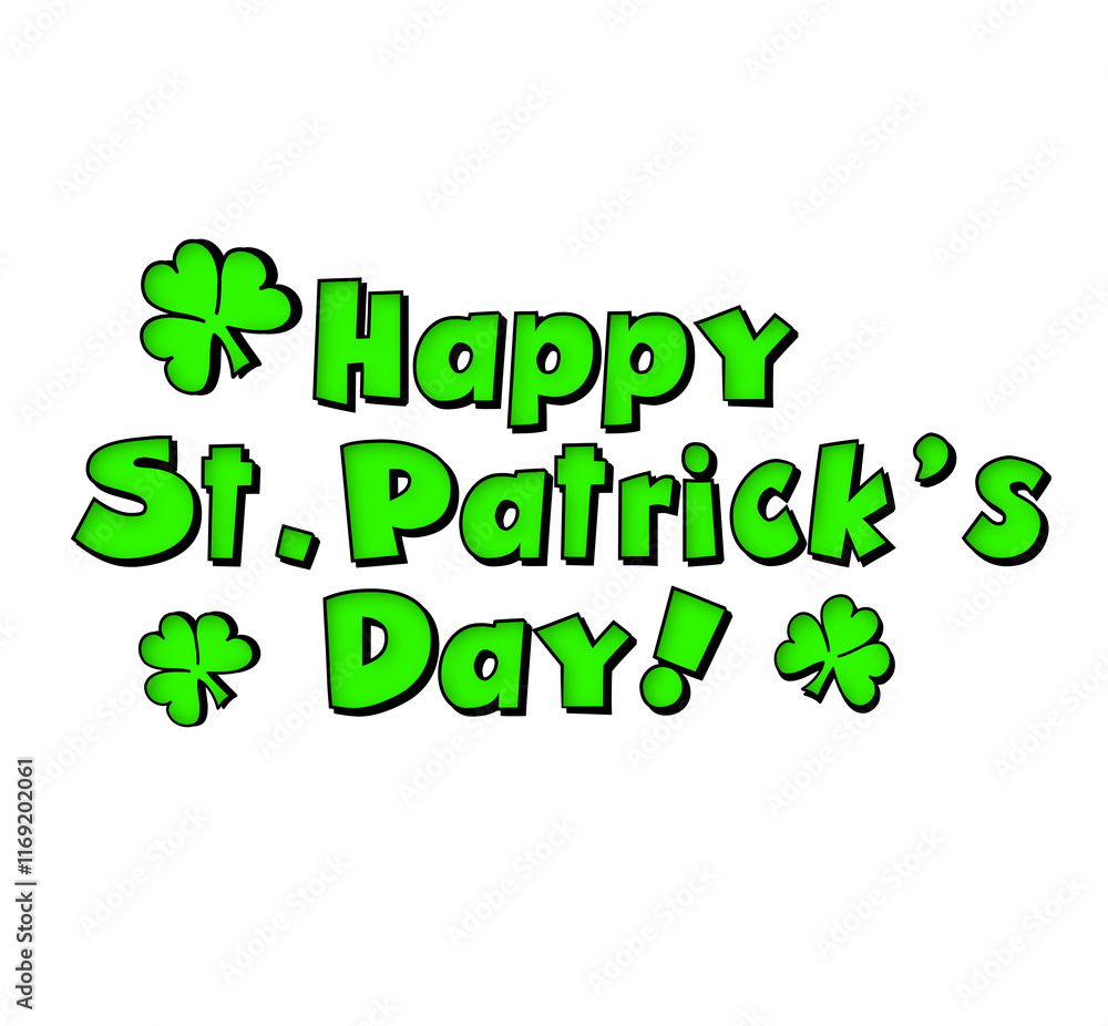 Happy St. Patrick's Day cartoon clipart illustration in green with shamrocks, isolated Happy St. Patrick's Day cartoon clipart illustration in green with shamrocks, isolated